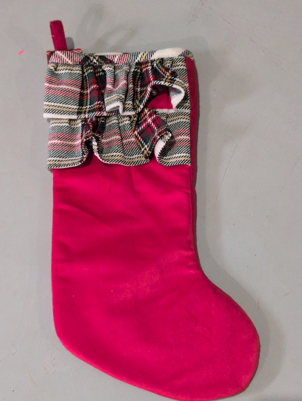 Festive Bright Red Christmas Stocking with Plaid Ruffle